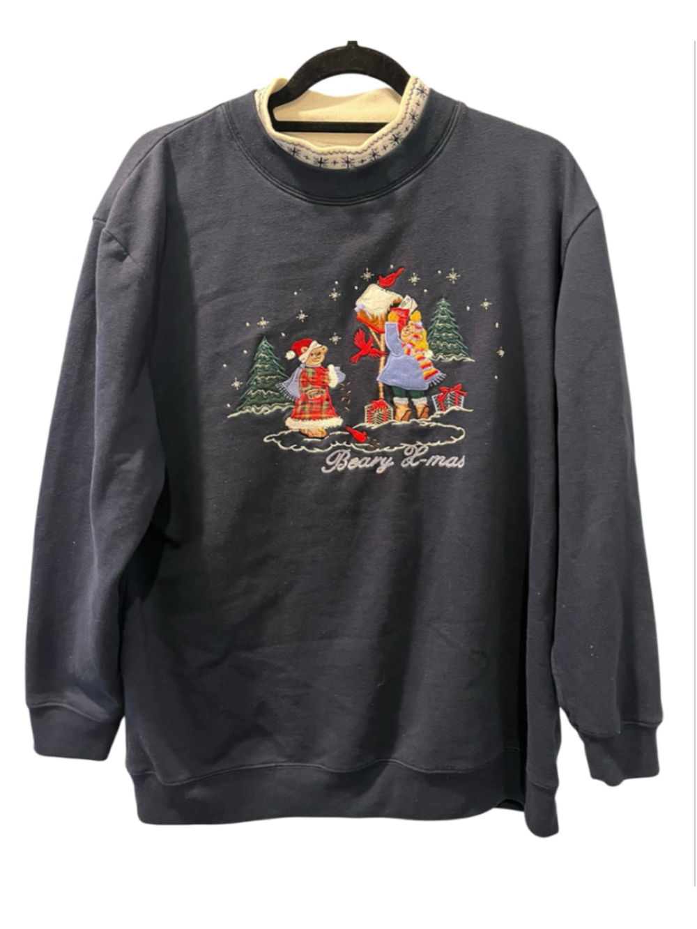 Vintage 90s Bobbie Brooks Christmas Sweatshirt Beary X-Mas Mock Neck Blue Large